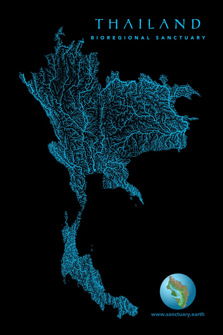 Mapa de Tailandia sobre fondo negro que muestra sus ríos y arroyos en azul brillante, con el título «Thailand Bioregional Sanctuary» y el sitio www.sanctuary.earth.