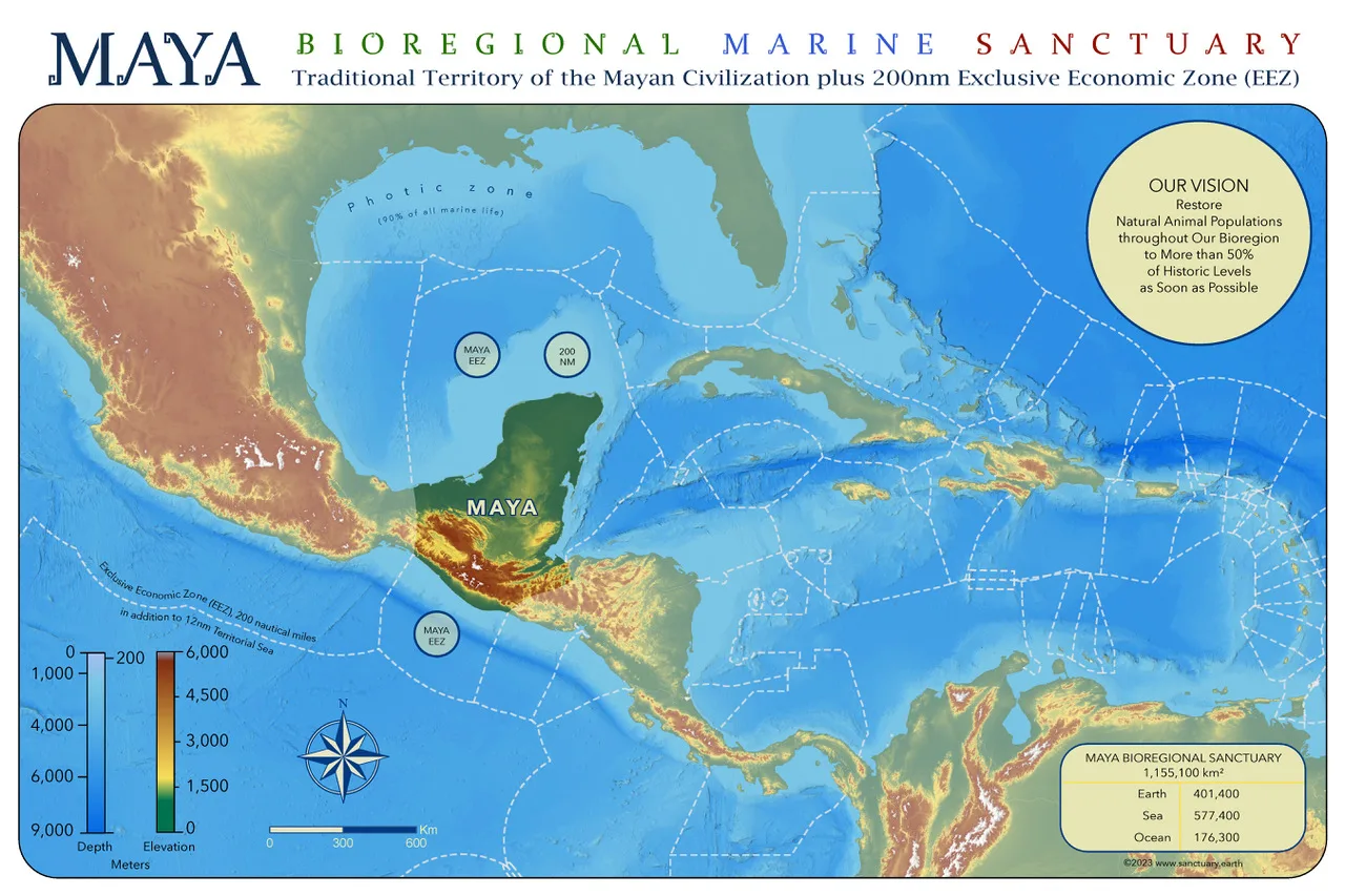 Relief map of Mexico, Central America and the Caribbean titled Maya Bioregional Marine Sanctuary, showing the Maya territory plus a 200 nautical mile zone and a vision to restore animal populations.
