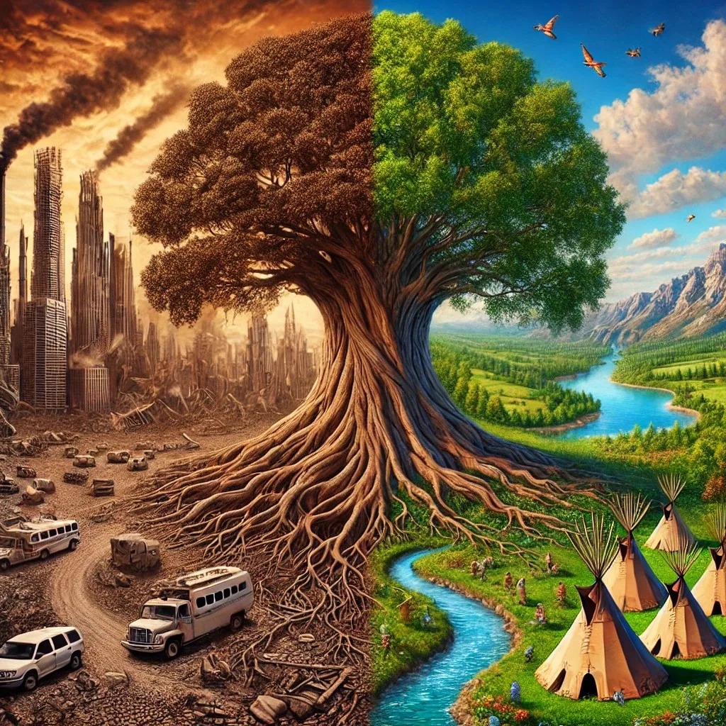 A great tree splits the scene: on the left, brown foliage over a polluted city with smokestacks and vehicles on barren ground; on the right, green leaves over rivers, mountains and tipis.
