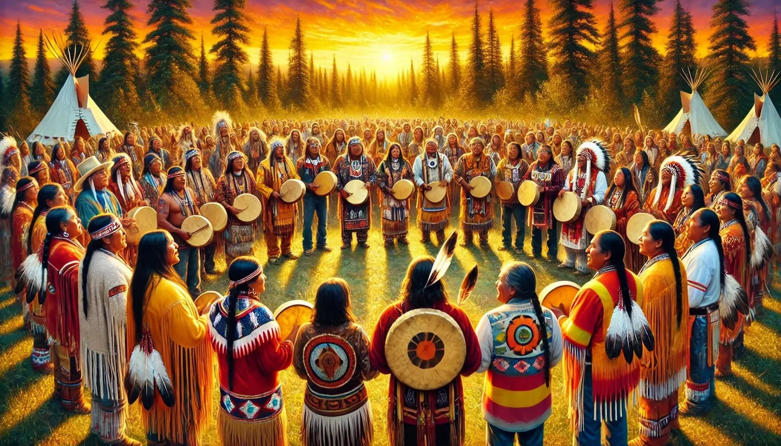Painting of a large gathering of Indigenous people in regalia, many holding hand drums, standing in a circle in a forest clearing with tipis under a golden sunset.