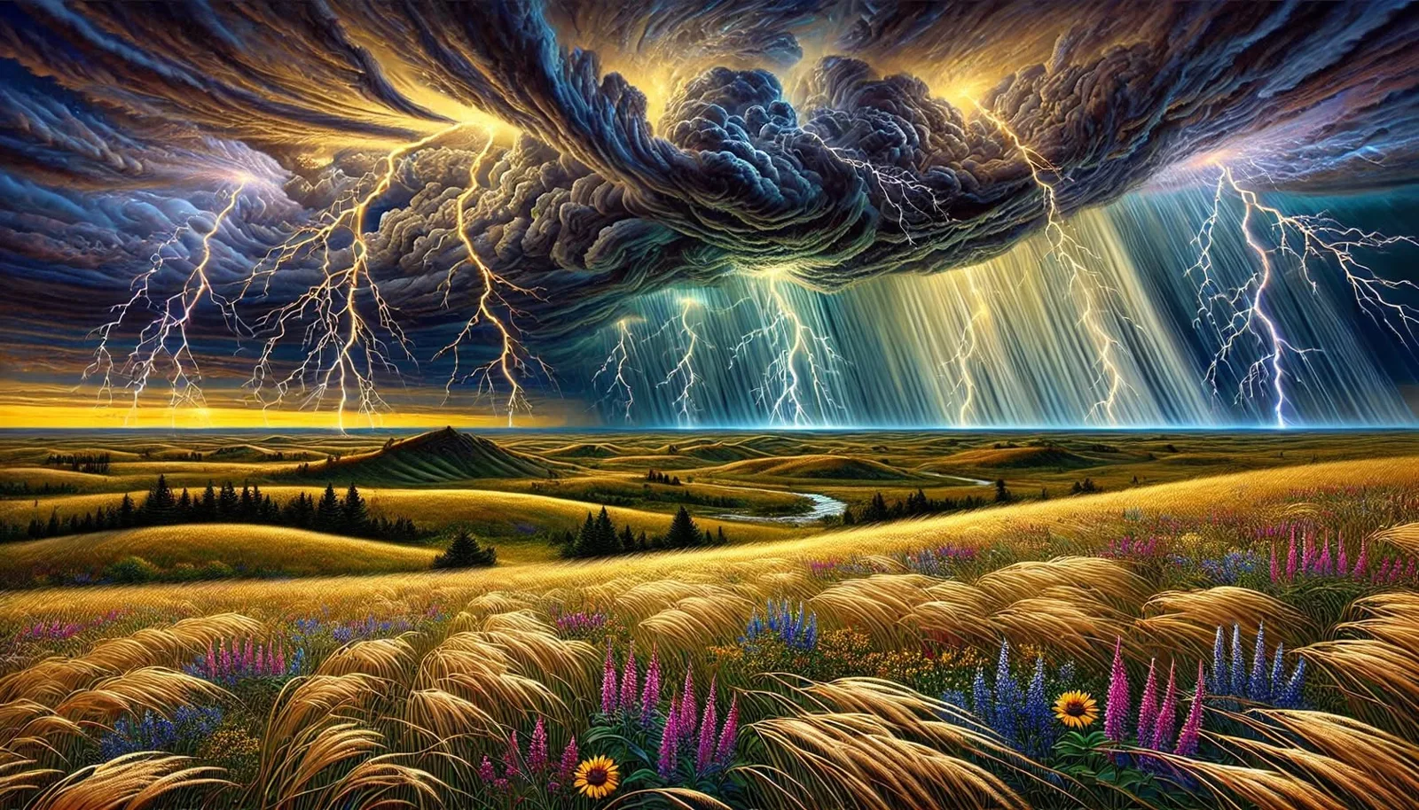 Painting of dark swirling storm clouds over rolling golden prairie, with many lightning bolts and sheets of rain, a winding river, and wildflowers in the foreground.