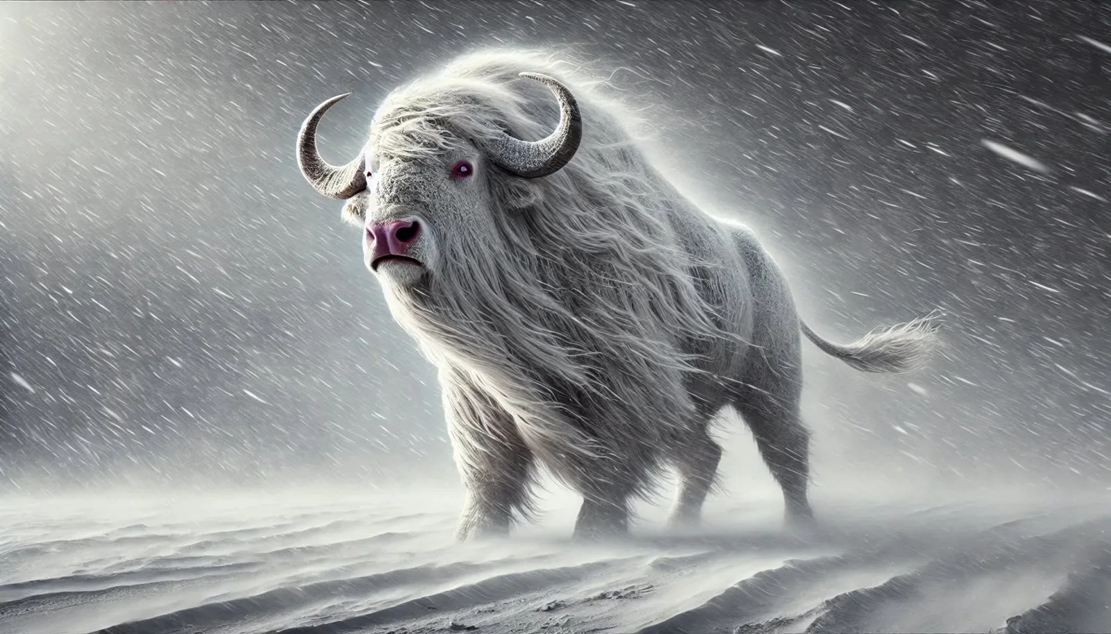 A white buffalo with curved horns and long windswept fur stands facing a fierce snowstorm on a snow-covered plain.