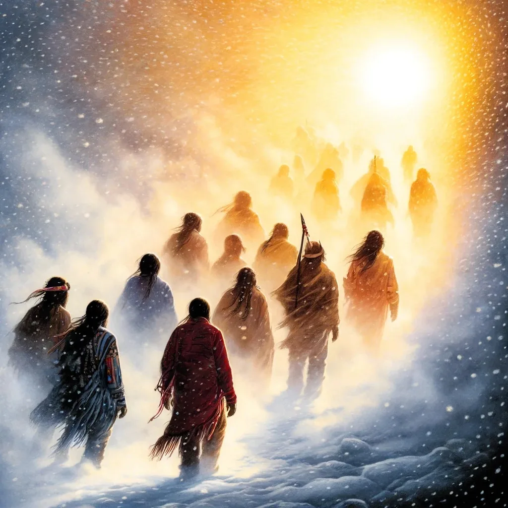 Pintura de un grupo de personas indígenas con mantas y cabello largo caminando de espaldas a través de una tormenta de nieve hacia un sol brillante y dorado.