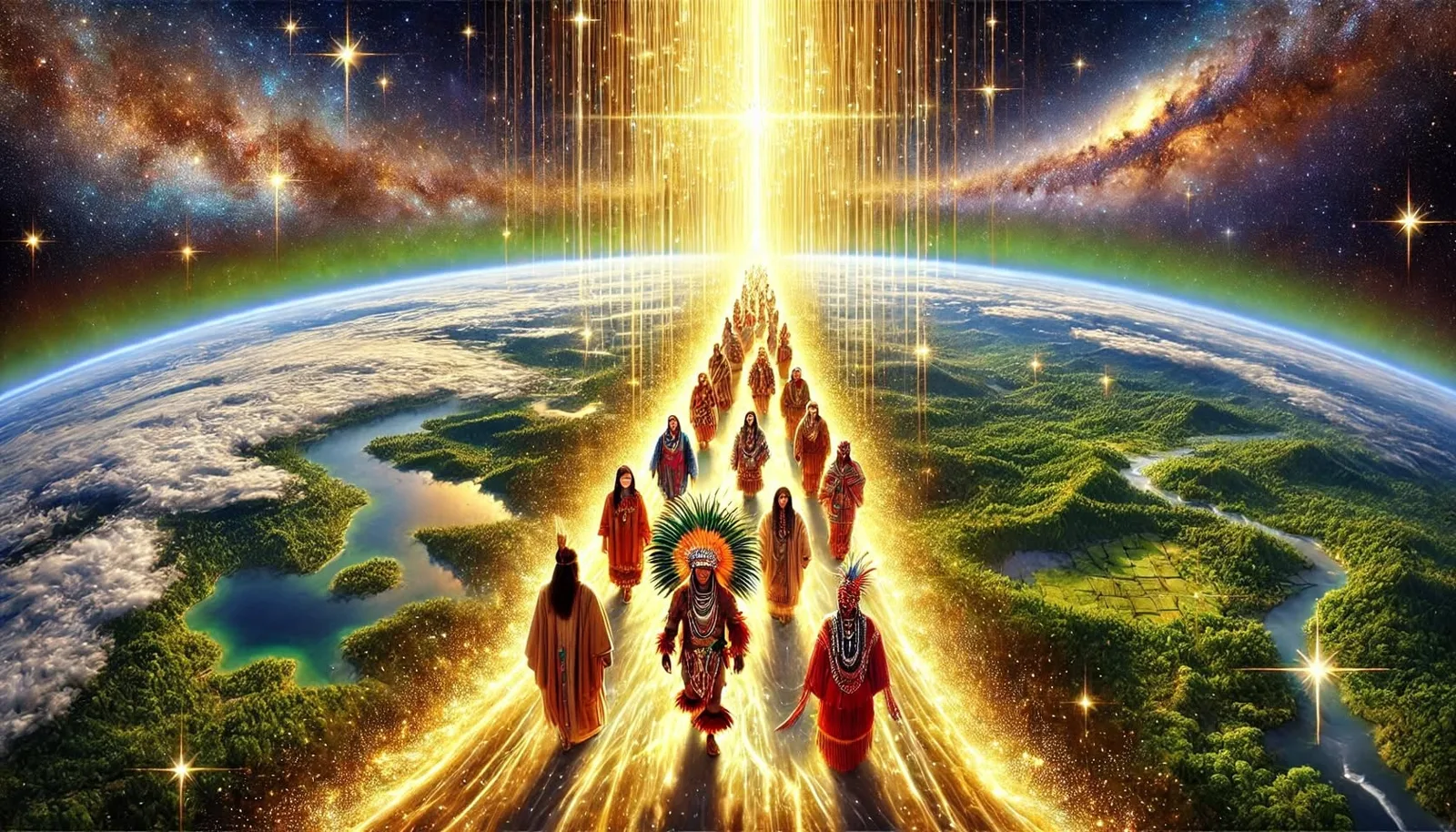 Indigenous people in traditional regalia, one in a large feathered headdress, walk a glowing golden path of light rising above green forested Earth into a starry galaxy.