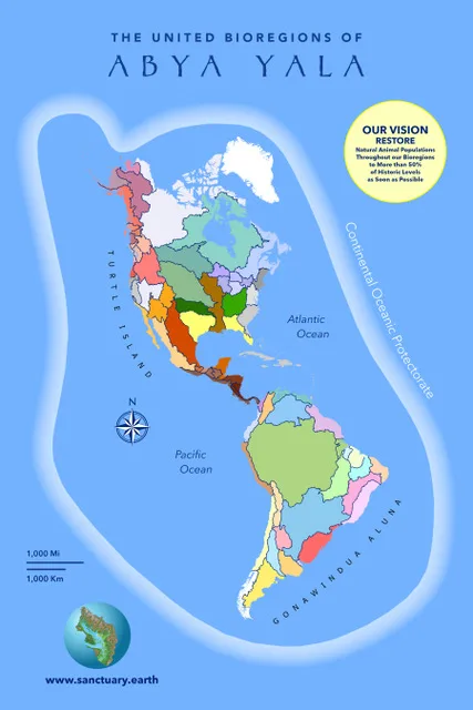 Mapa titulado "The United Bioregions of Abya Yala" que muestra las Américas divididas en biorregiones de colores, con una visión de restaurar las poblaciones de animales silvestres.