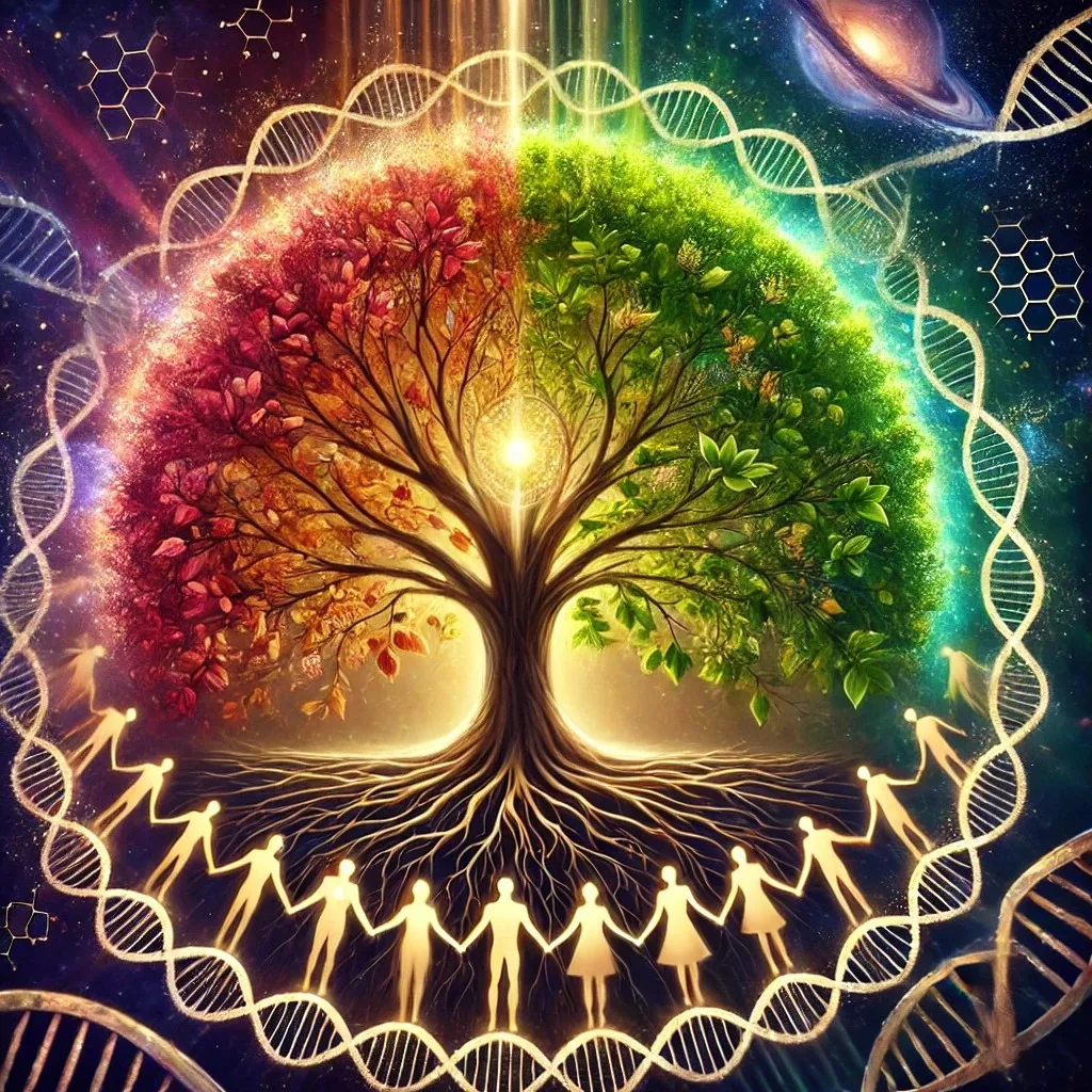 Digital artwork of a glowing tree with red autumn leaves on one side and green leaves on the other, its roots encircled by golden figures holding hands, framed by DNA strands against a starry cosmos.