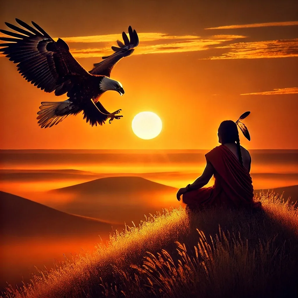 Silhouette of a person with a long braid and feathers in their hair, wrapped in a red cloth, seated on a grassy hilltop as a bald eagle swoops toward them over misty prairie at a golden sunset.