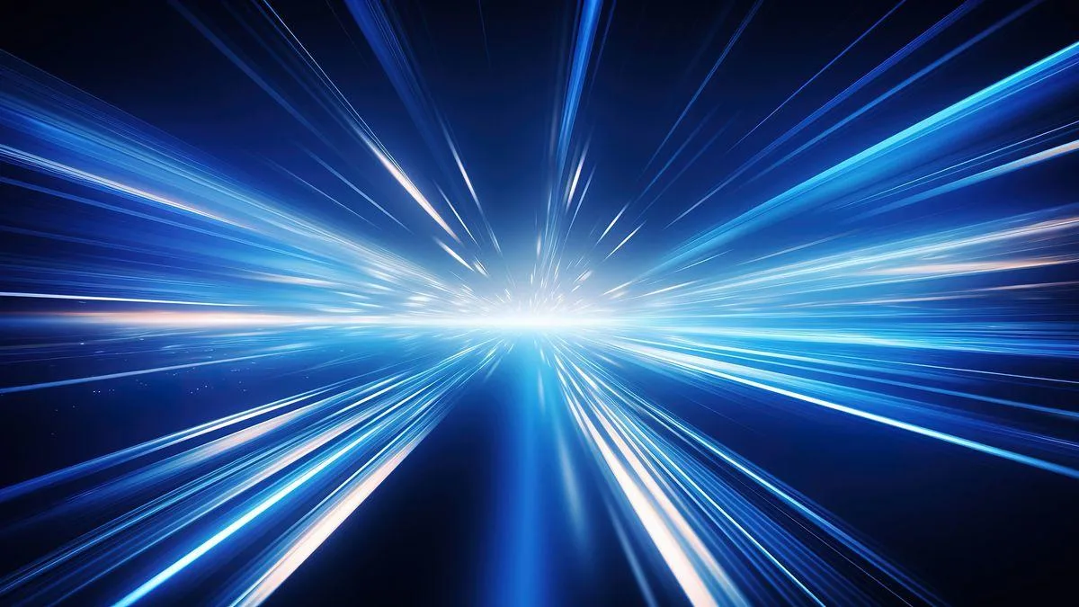 Abstract streaks of bright blue and white light radiating outward from a glowing center against a deep dark blue background.