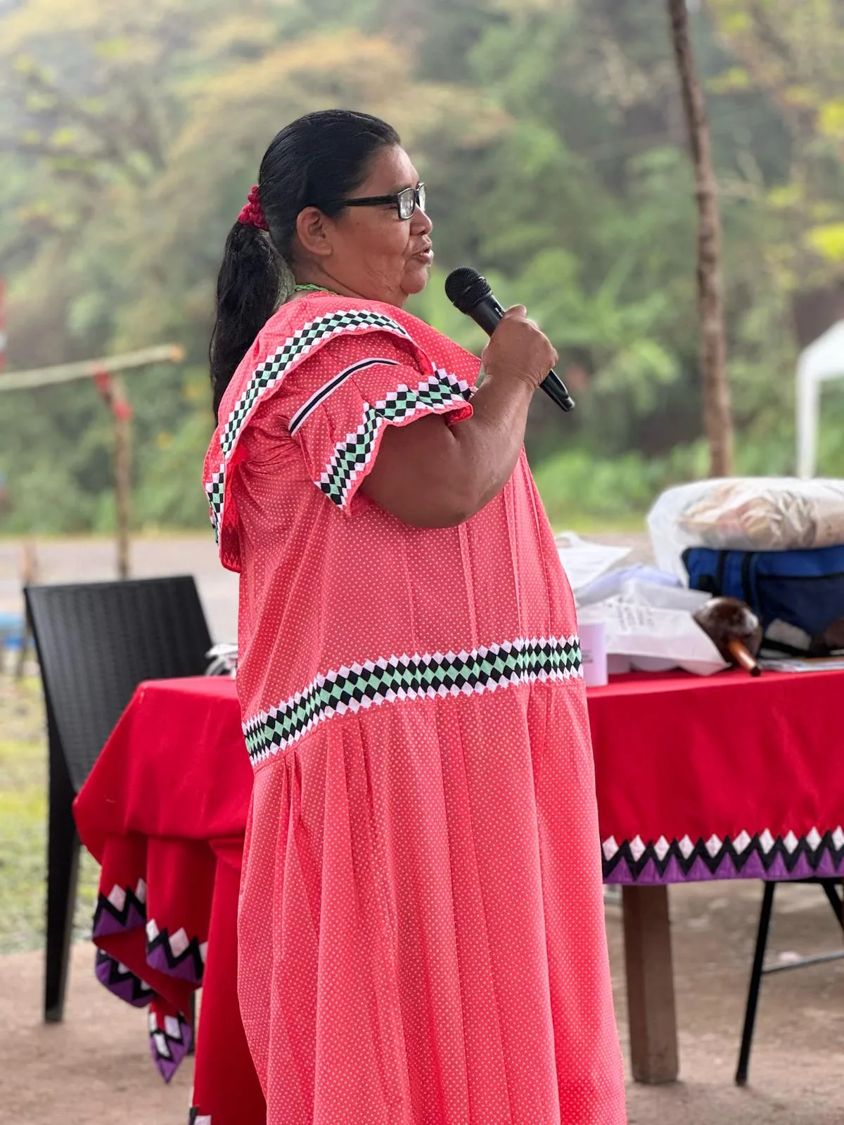 A woman in a coral polka-dot dress with black, white and green trim speaks into a microphone beside a red-covered table.