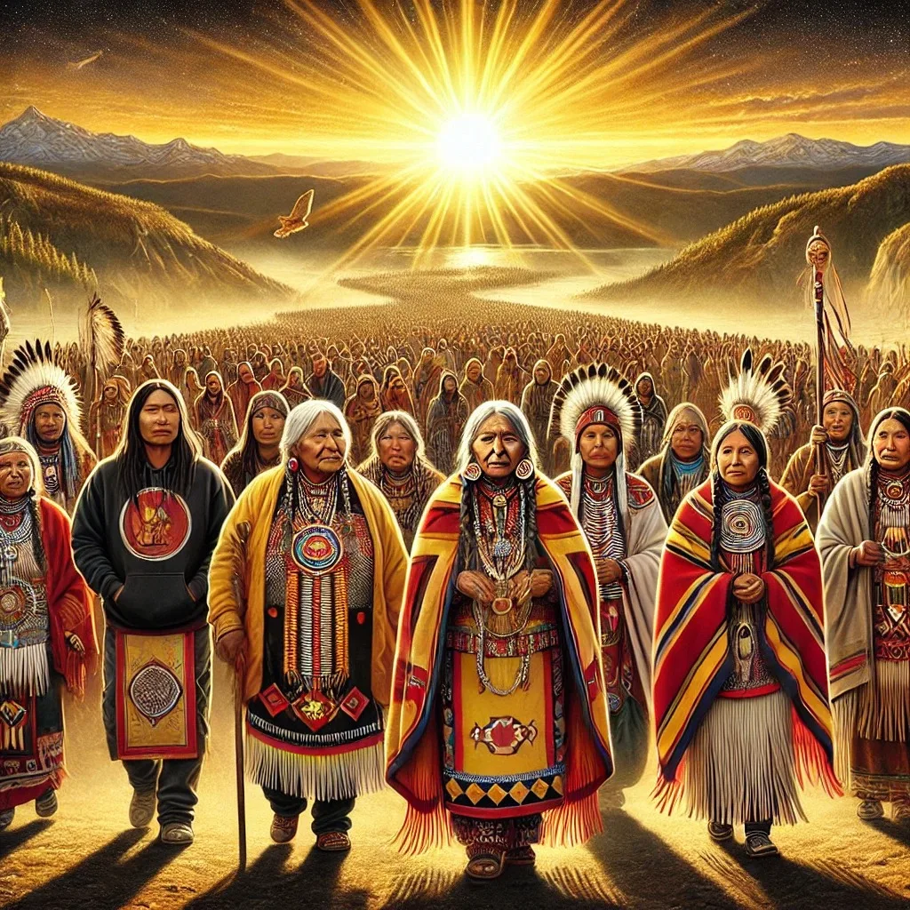 Ilustración de un grupo de mujeres indígenas con mantas de colores, collares de cuentas y tocados de plumas, al frente de una gran multitud bajo un sol radiante entre montañas.