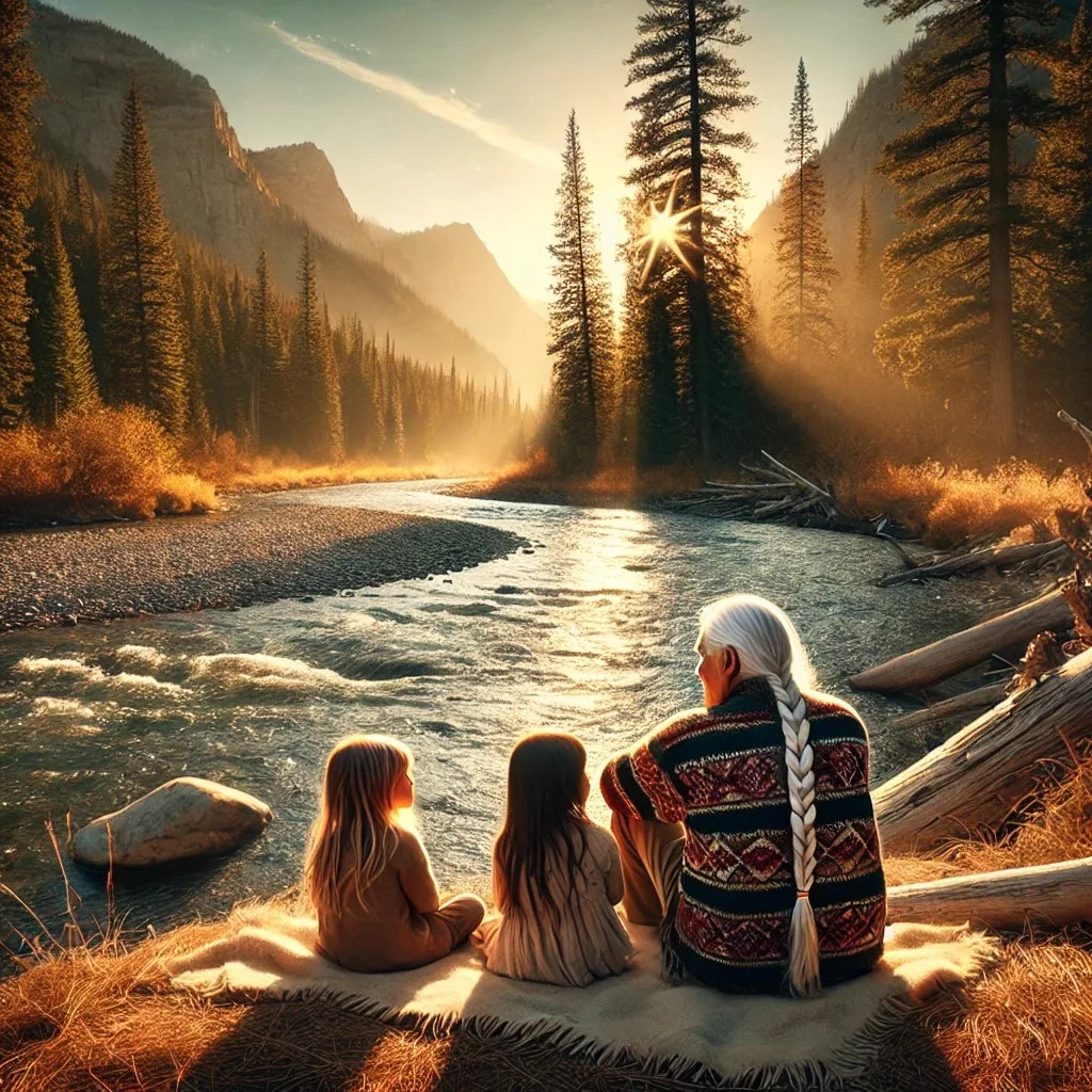 An elder with a long white braid and patterned sweater sits on a blanket beside two young girls, facing a sunlit mountain river lined with tall pines at golden hour.