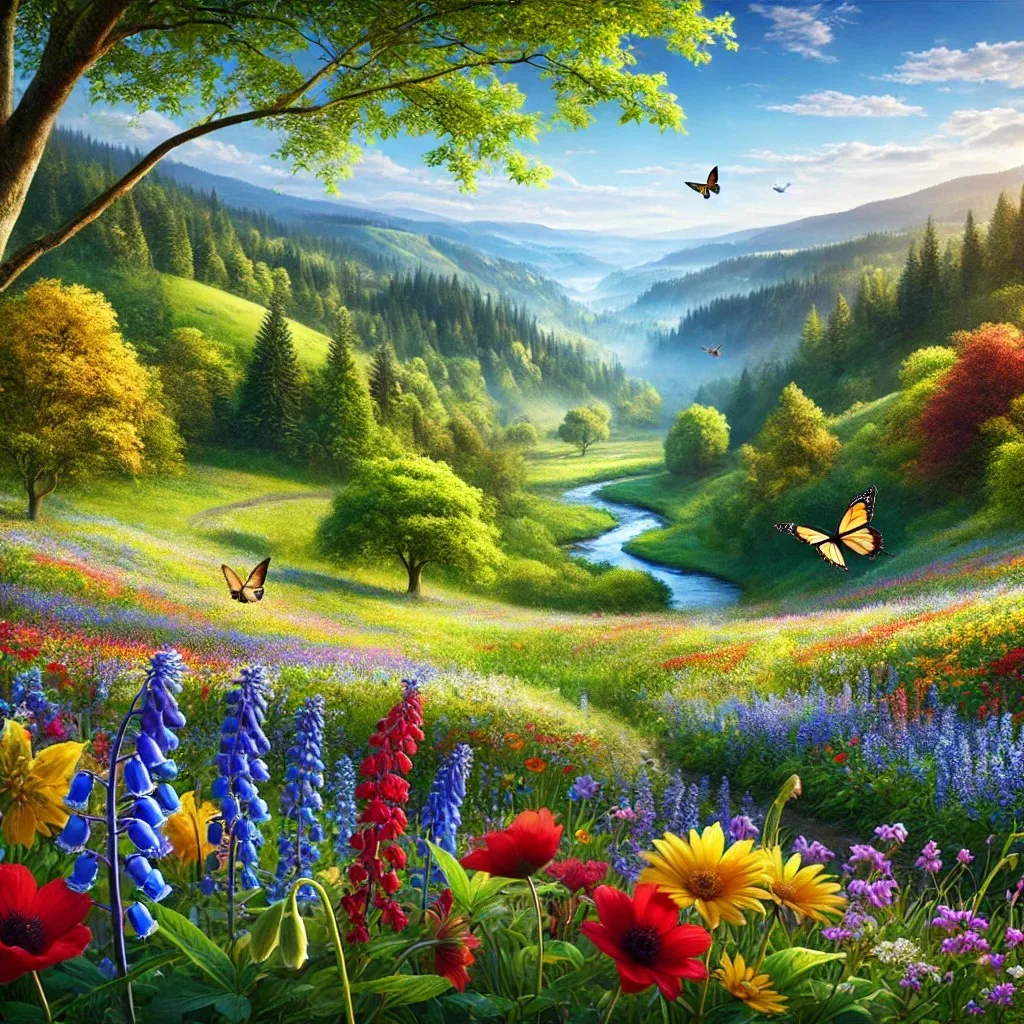 A sunlit valley with a winding river, green forested hills and a meadow of colorful wildflowers in red, blue, yellow and purple, with butterflies in flight.