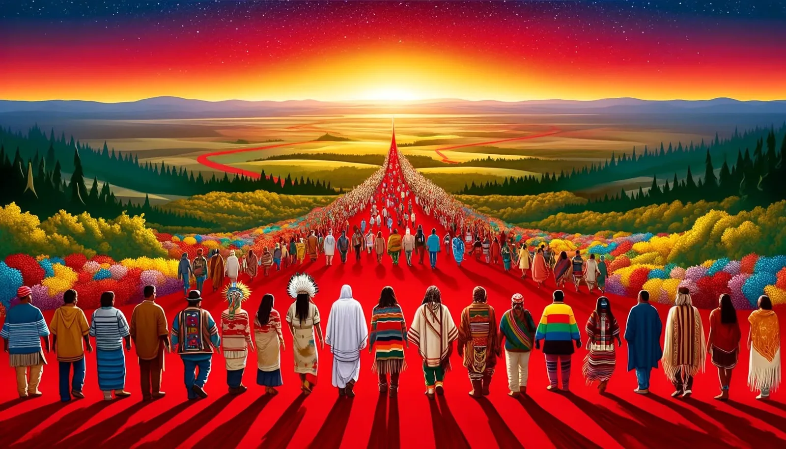 Painting of a long procession of people in diverse Indigenous and traditional clothing walking a bright red road through flowering fields and forest toward a glowing sunrise.