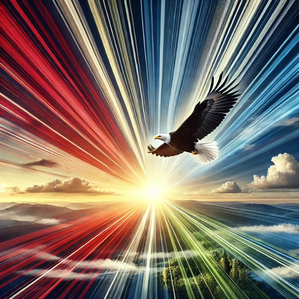 A bald eagle soars through radiating streaks of red, white, yellow, green and blue light bursting from a bright sun above mountains, forest and clouds.
