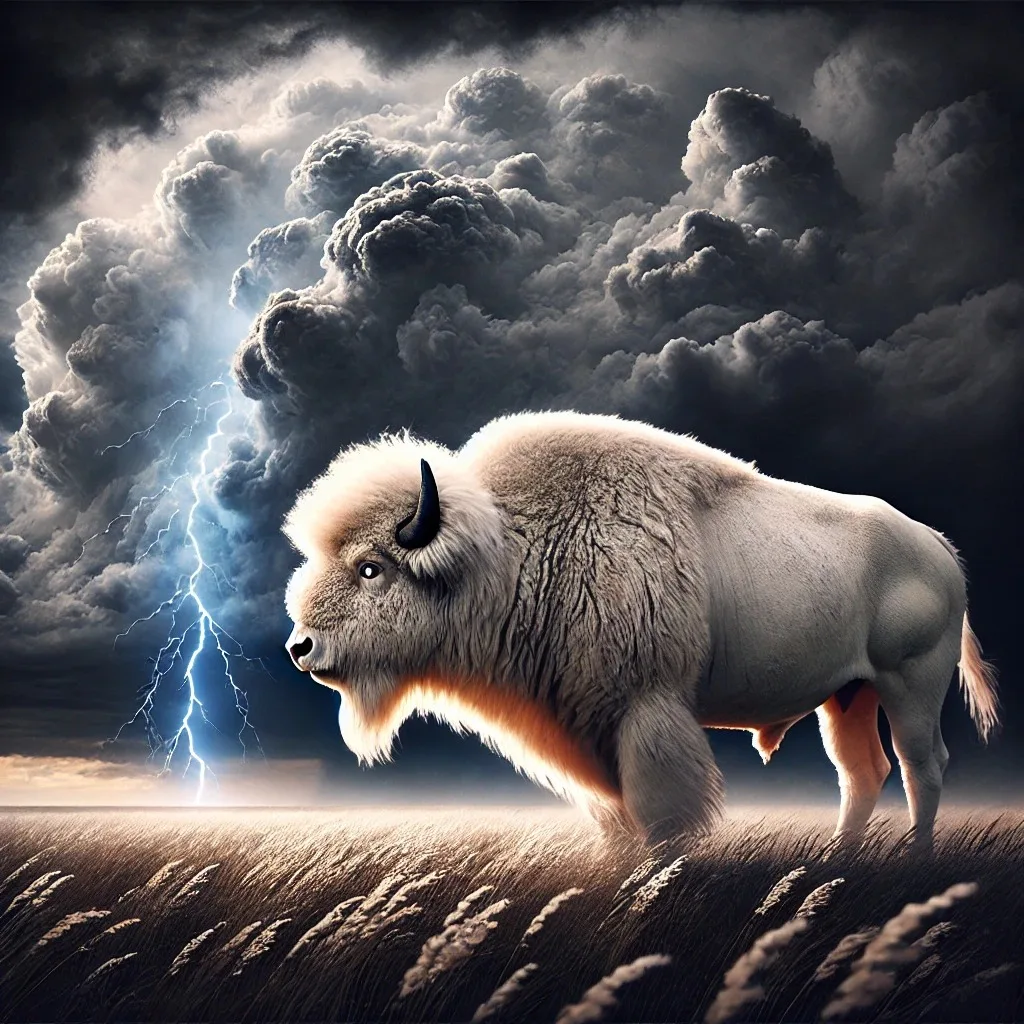 A white buffalo stands in tall prairie grass beneath dark, towering storm clouds as a bolt of lightning strikes the horizon.