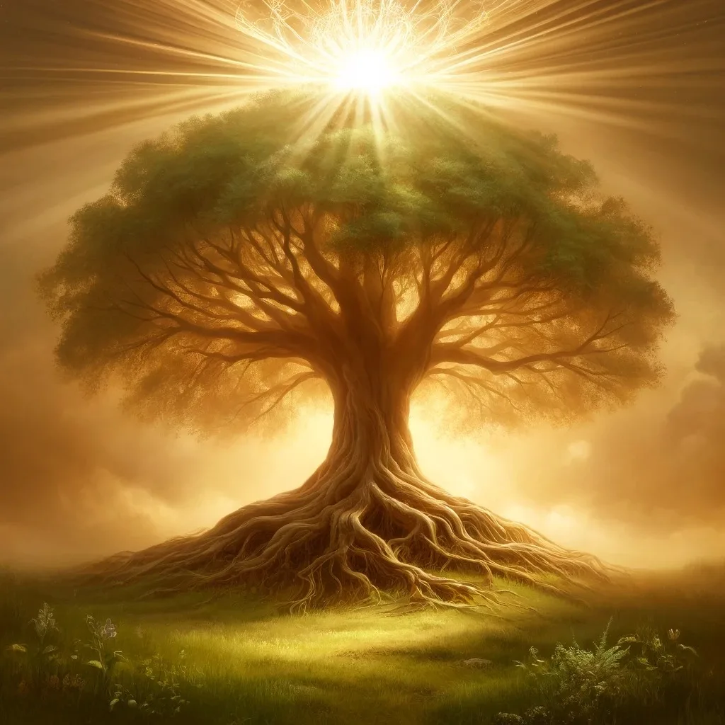 A vast tree with sprawling roots and a broad green canopy stands on a grassy meadow, bathed in golden light from a radiant sun shining through its crown.