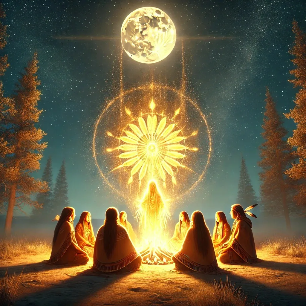 Illustration of people in fringed robes seated in a circle around a fire at night beneath a full moon, as a glowing figure rises from the flames under a radiant sunburst emblem.