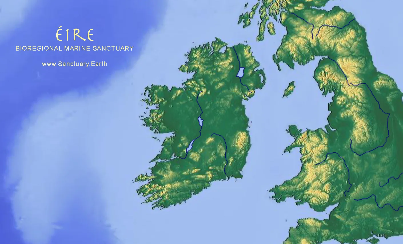 Relief map of Ireland and western Great Britain with green and tan terrain, rivers and blue seas, labeled "Éire Bioregional Marine Sanctuary, www.Sanctuary.Earth."