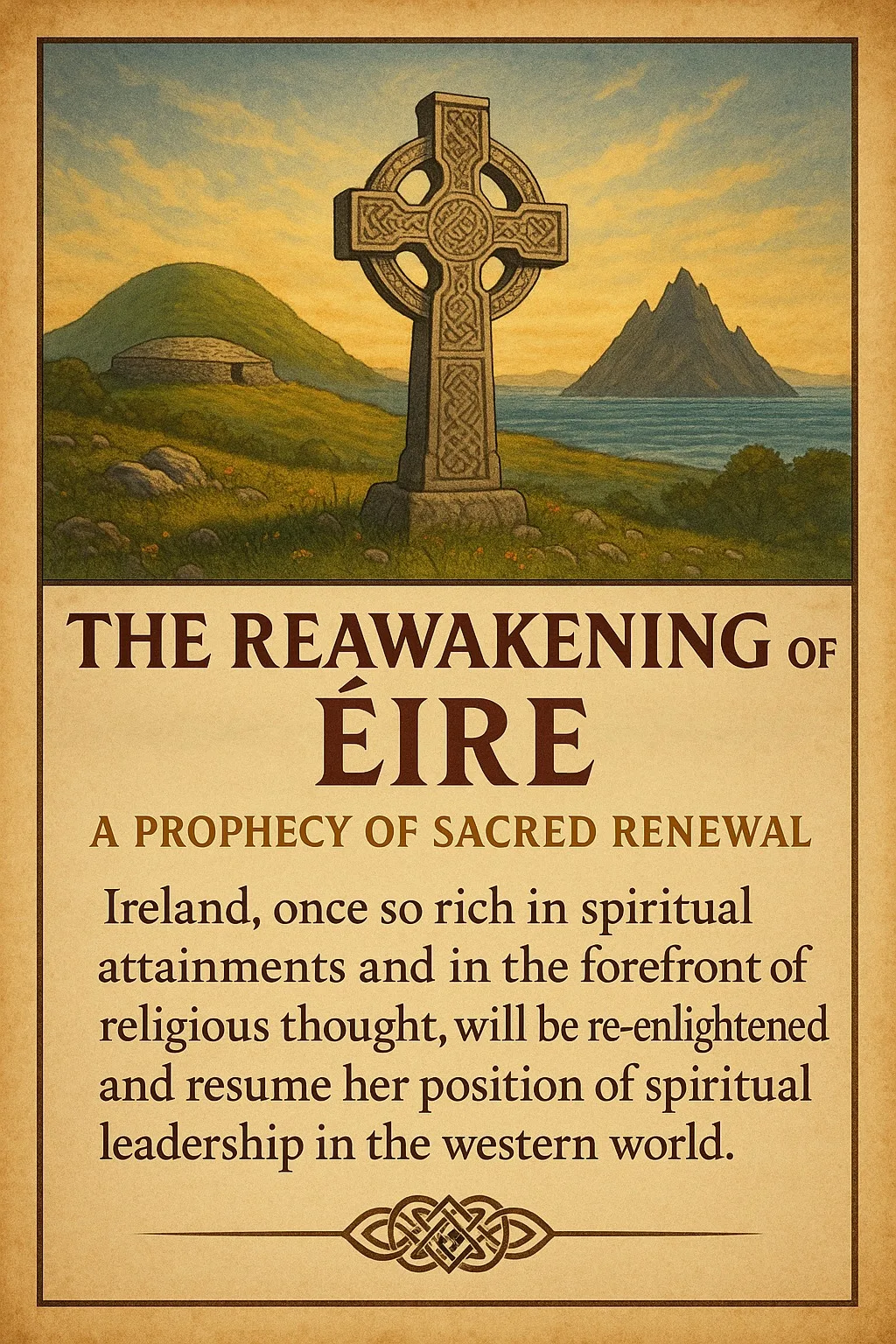 Illustrated poster of a carved Celtic stone cross on a green hillside by the sea, with a stone mound and a peaked island. Text: The Reawakening of Éire, a prophecy that Ireland will resume spiritual leadership.