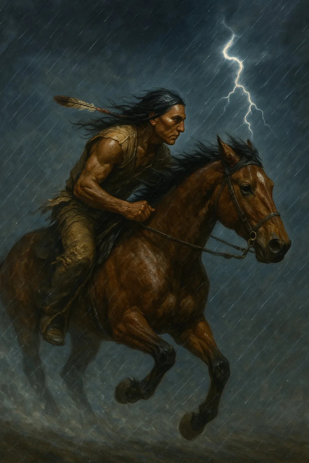 Painting of a Lakota warrior with long black hair and a feather riding a galloping bay horse through driving rain as lightning splits the dark sky.