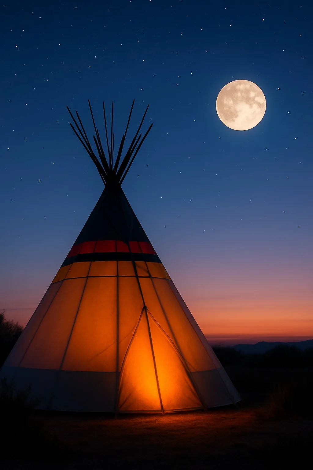 A tipi glowing orange from a fire within, its poles rising against a starry twilight sky, with a full moon overhead and a fading sunset on the horizon.