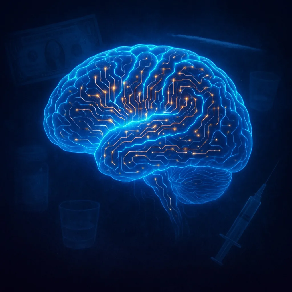 A glowing blue brain with circuit-like lines and golden points of light, set against a dark background with faint shapes of a banknote, a glass and a syringe.