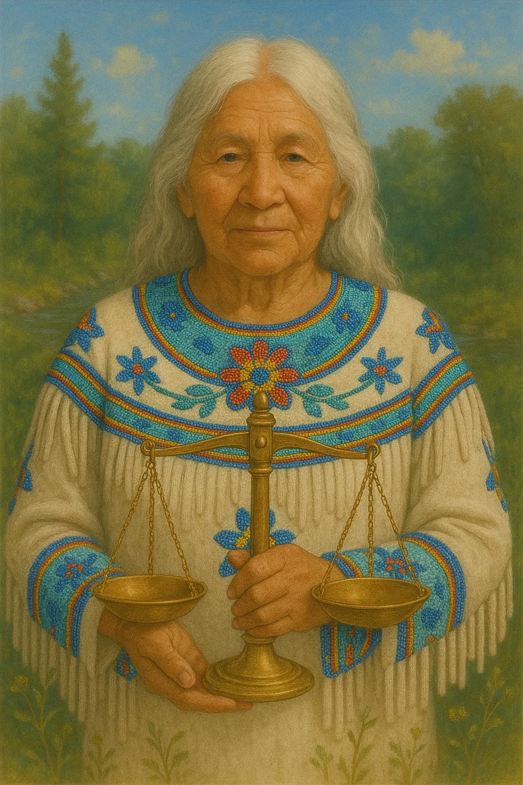 Painting of an Indigenous elder woman with long white hair in a cream fringed dress with blue floral beadwork, holding golden balance scales before a forest and river.