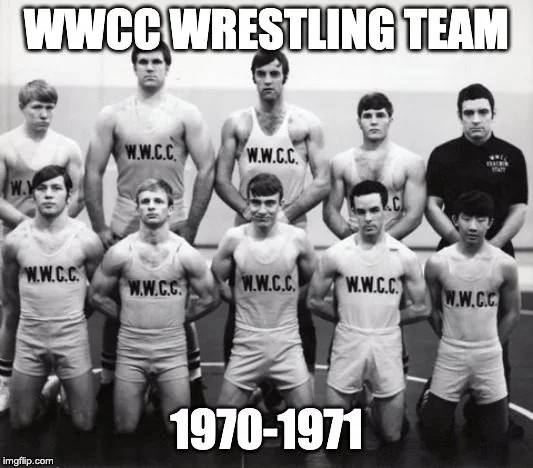 Black-and-white team photo of ten wrestlers in W.W.C.C. singlets, five standing and five kneeling, with a man in a dark coach's shirt at right. Caption reads "WWCC Wrestling Team 1970-1971."