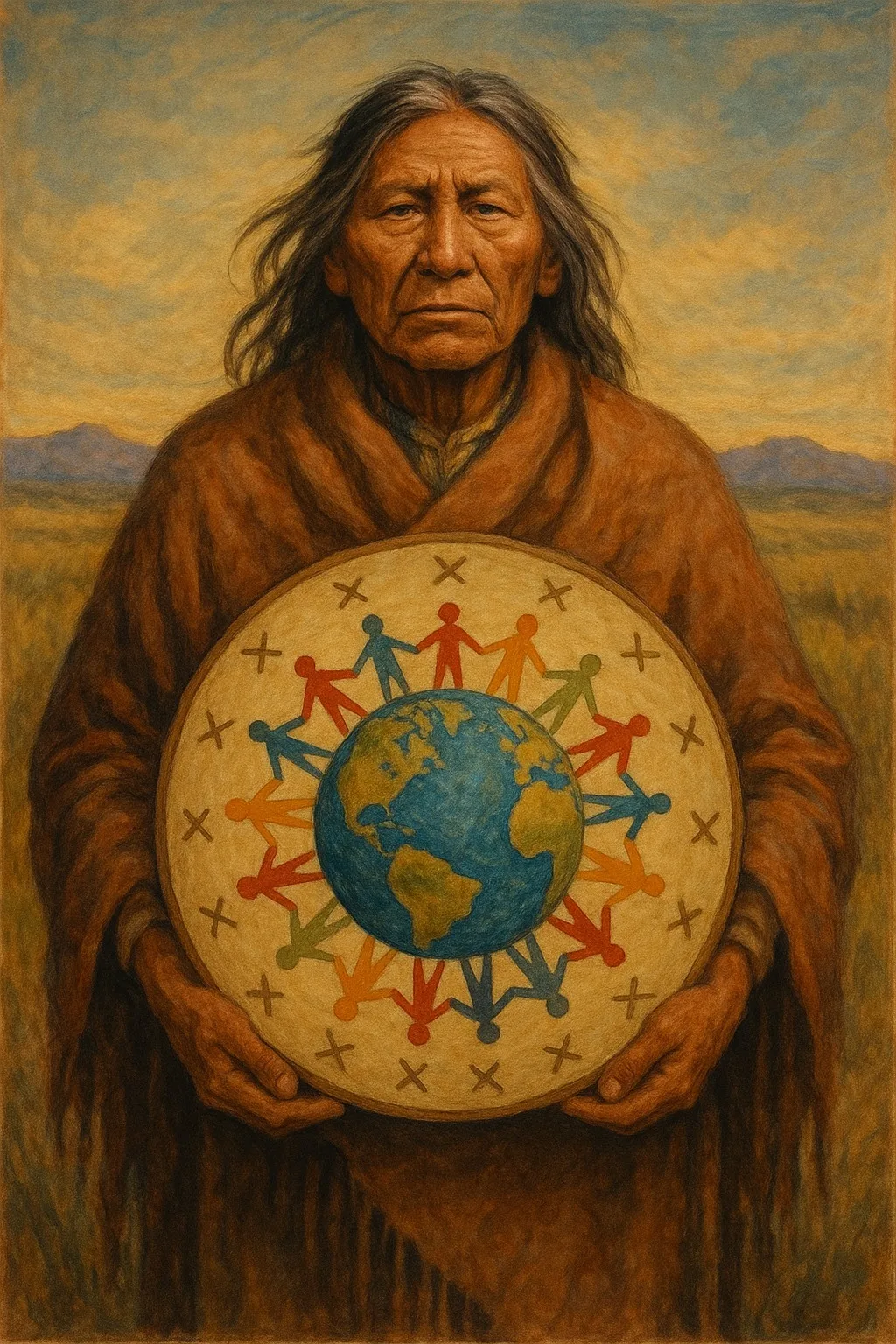 Painting of an Indigenous elder with long gray hair in a brown robe on the prairie, holding a drum painted with Earth encircled by colorful figures joining hands.