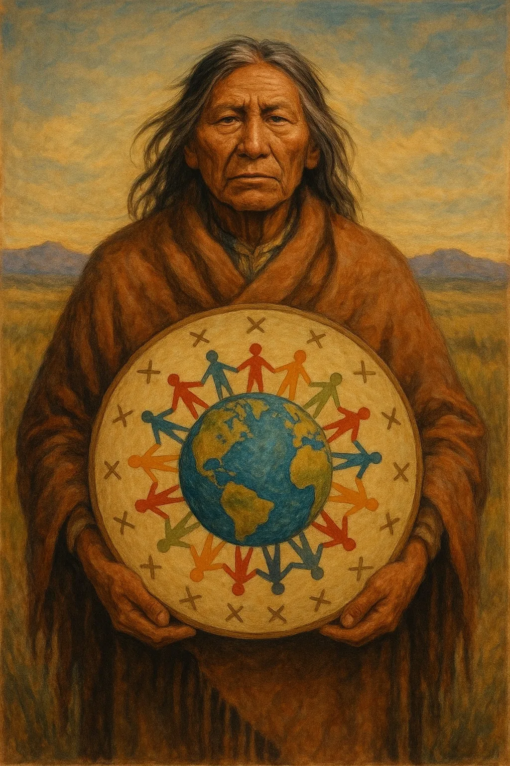 Pintura de un anciano indígena de cabello largo y canoso, con manto marrón, que sostiene un tambor con la Tierra rodeada de figuras humanas de colores tomadas de la mano, en una pradera.