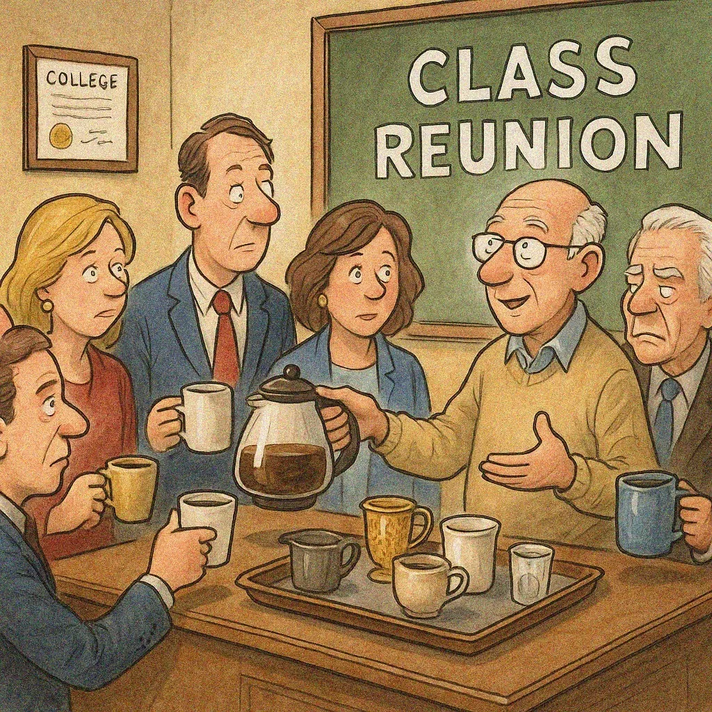 Illustration of an older teacher in glasses and a sweater pouring coffee for former students in business attire, holding mismatched mugs, beneath a chalkboard reading "Class Reunion."