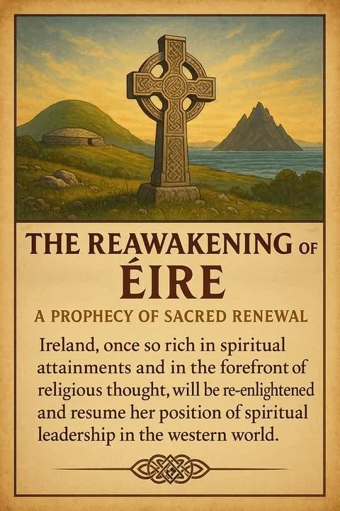 Illustrated poster of a carved Celtic stone cross on a green hillside by the sea, a stone mound and peaked island behind. Text: Ireland will be re-enlightened and resume spiritual leadership in the western world.