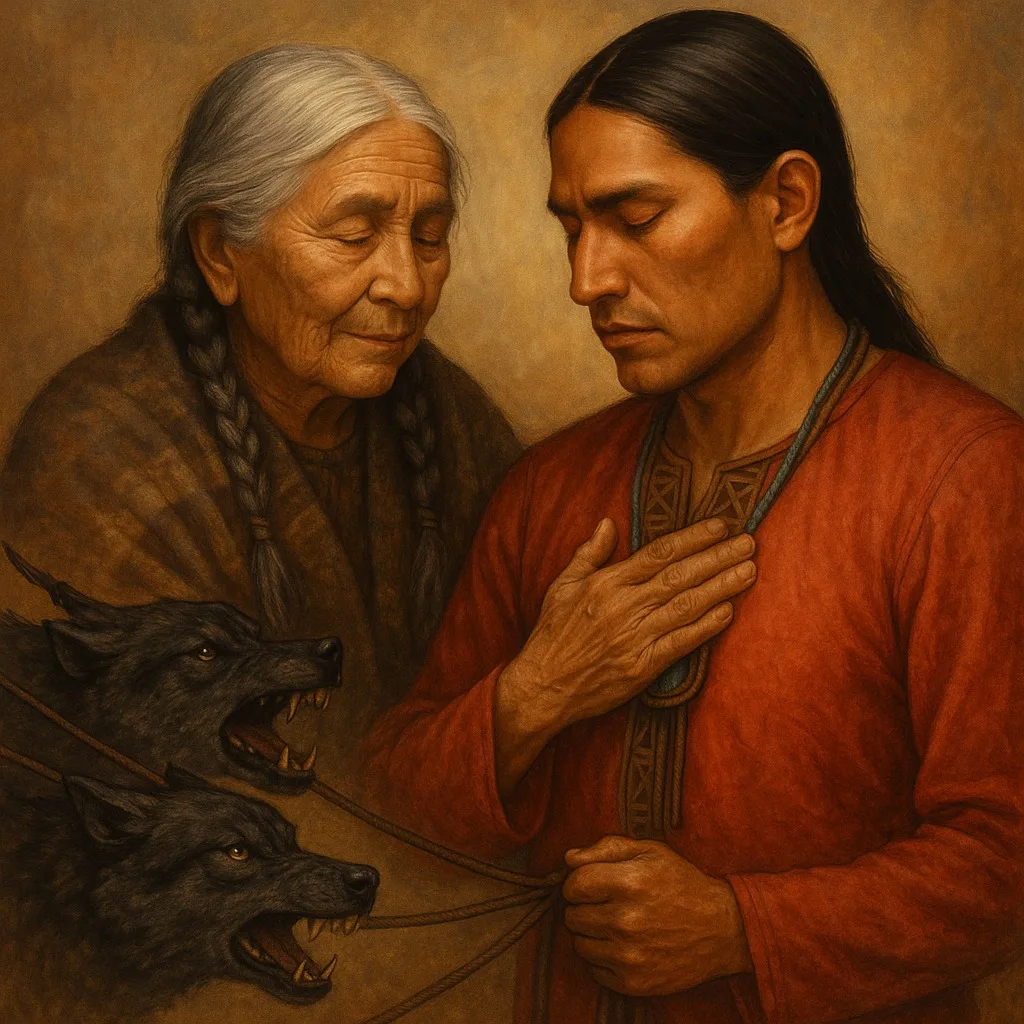 Painting of a gray-haired elder woman with long braids and a shawl beside a long-haired man in a red shirt, eyes closed, hand on his heart, holding leashes of two snarling black wolves.