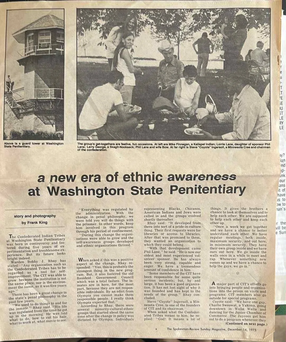 Yellowed 1975 Spokesman-Review Sunday Magazine page headlined "a new era of ethnic awareness at Washington State Penitentiary," with photos of a prison guard tower and a group picnicking on the grass.