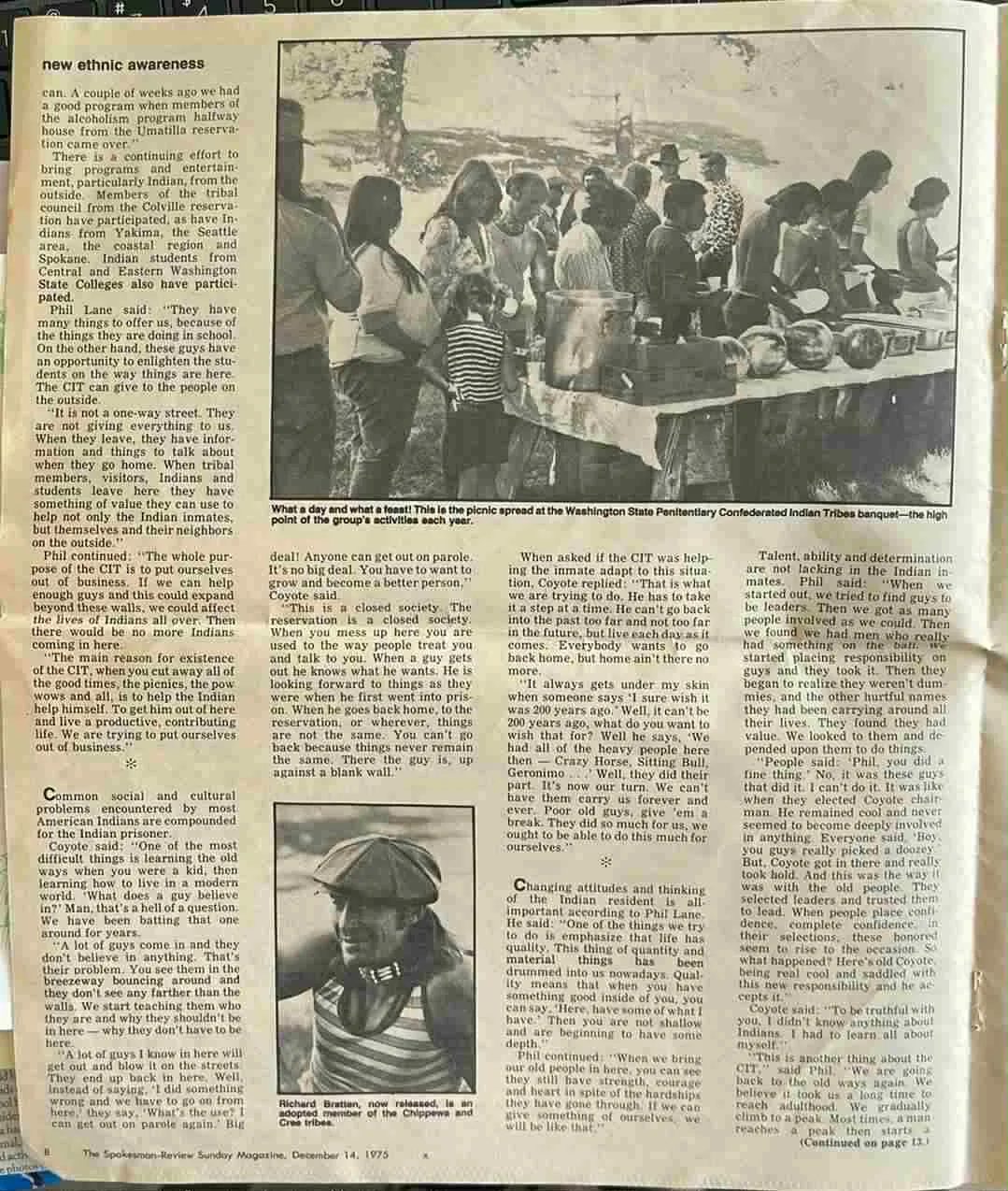 Magazine page continuing the article, with a photo of people lining up at a long outdoor table of food and watermelons at the CIT banquet, and a portrait of a man in a cap and striped shirt.