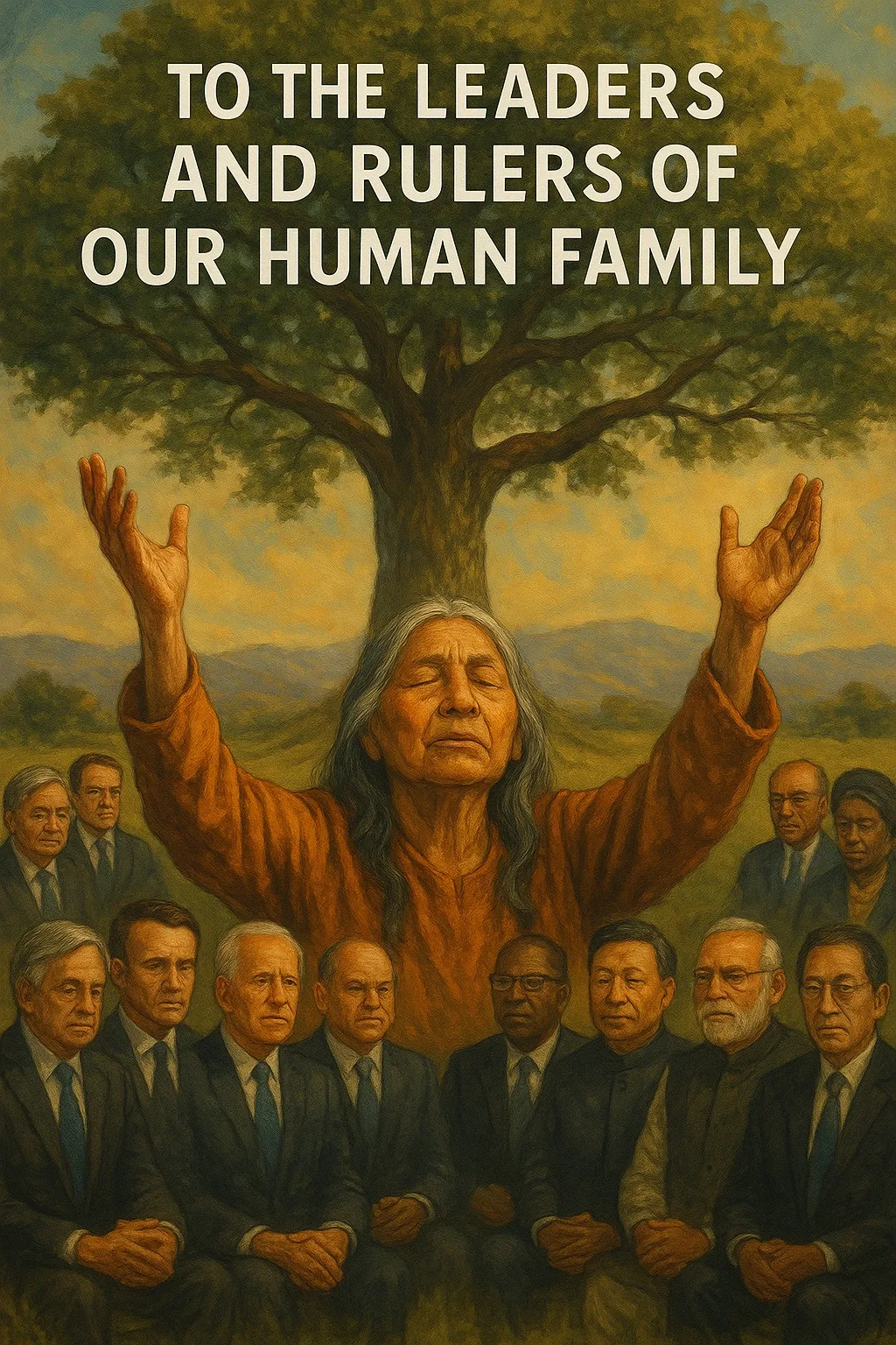 Painting of an elder with long gray hair and closed eyes raising both arms beneath a great tree, with suited world leaders seated below. Text reads: To the Leaders and Rulers of Our Human Family.