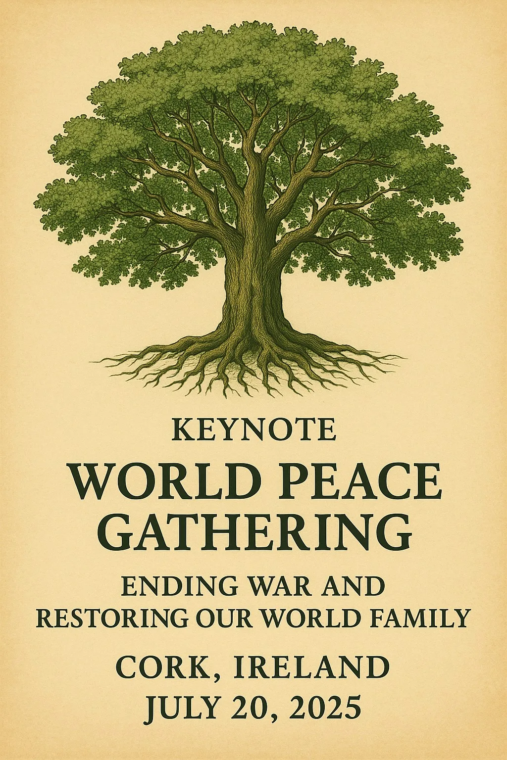 Poster with a large green oak tree and spreading roots on a parchment background. Text reads: Keynote, World Peace Gathering, Ending War and Restoring Our World Family, Cork, Ireland, July 20, 2025.