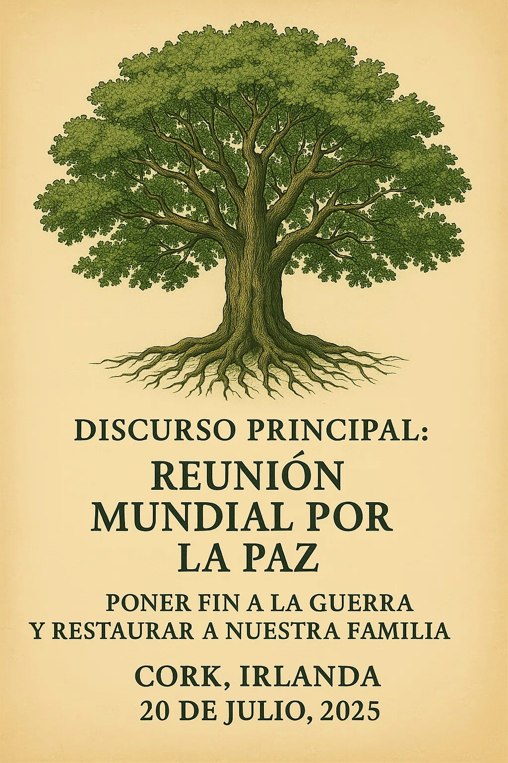 Ilustración de un gran árbol frondoso con raíces extendidas sobre fondo color pergamino. Texto: Discurso principal, Reunión Mundial por la Paz, poner fin a la guerra y restaurar a nuestra familia, Cork, Irlanda, 20 de julio de 2025.