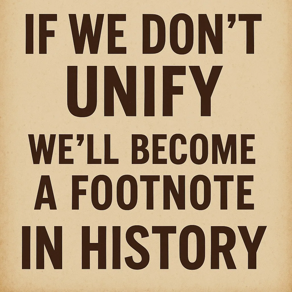 Bold dark brown text on a parchment-colored background reads: "If we don't unify we'll become a footnote in history."