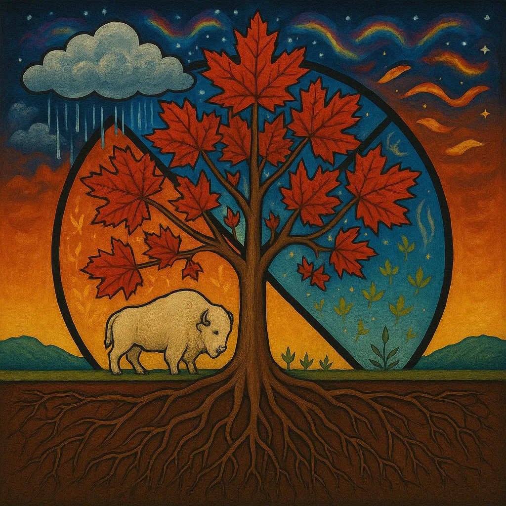 Painting of a maple tree with red leaves and deep roots before a large circle split into orange and blue halves, a white buffalo beside it, a rain cloud and rainbow-streaked night sky above.