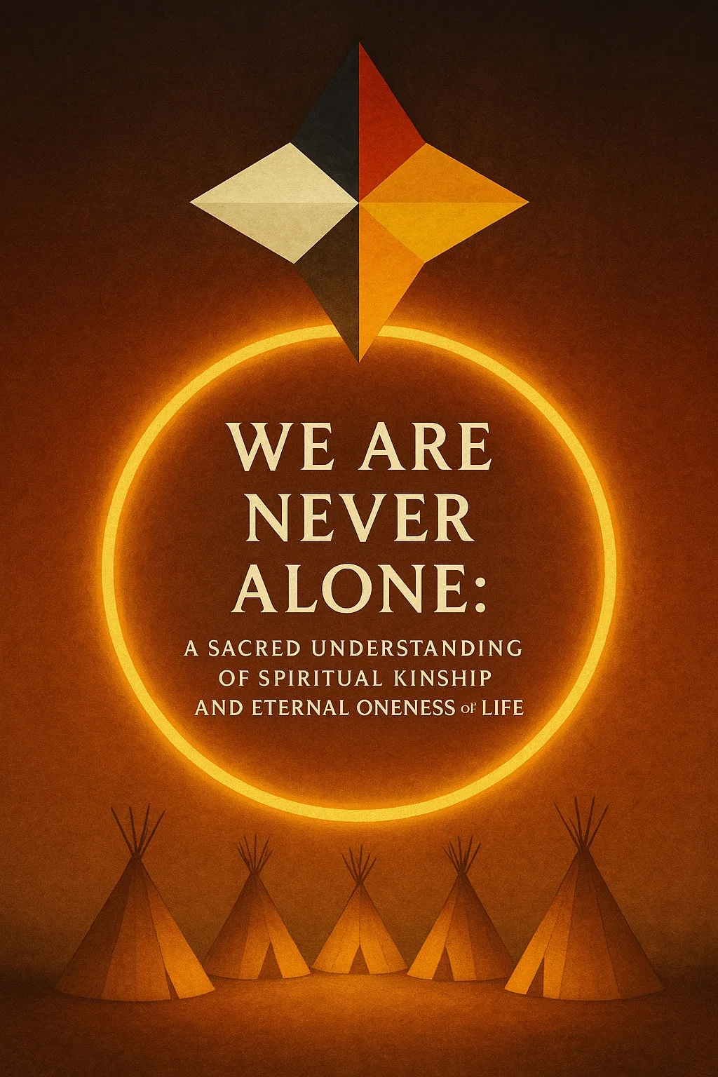 Illustrated poster with a four-colored star of black, red, yellow and white above a glowing golden circle and a row of tipis. Text reads: We Are Never Alone: A Sacred Understanding of Spiritual Kinship and Eternal Oneness of Life.