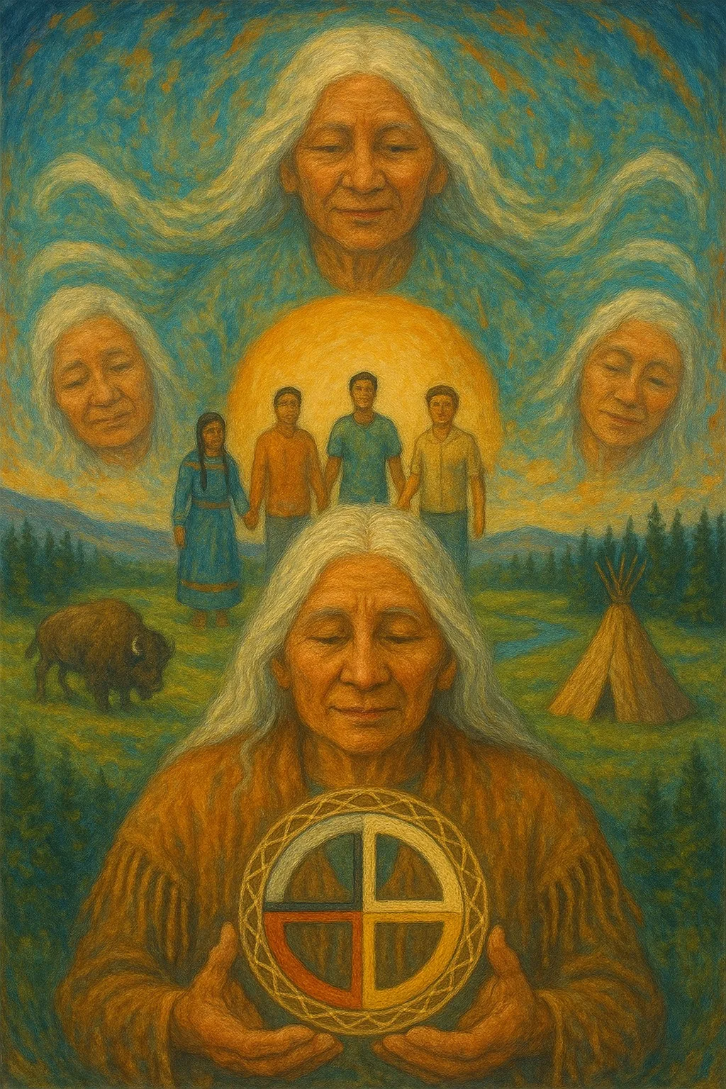 Painting of a white-haired elder with closed eyes holding a four-colored medicine wheel, beneath three elders' faces in a swirling sky, young people holding hands before a sun, a buffalo and a tipi.