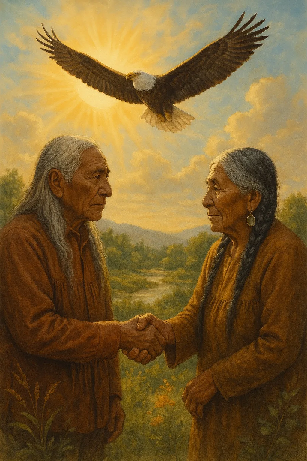 Painting of two Indigenous elders, a long-haired man and a woman with gray braids, clasping hands before a river valley as a bald eagle soars against a radiant sun.