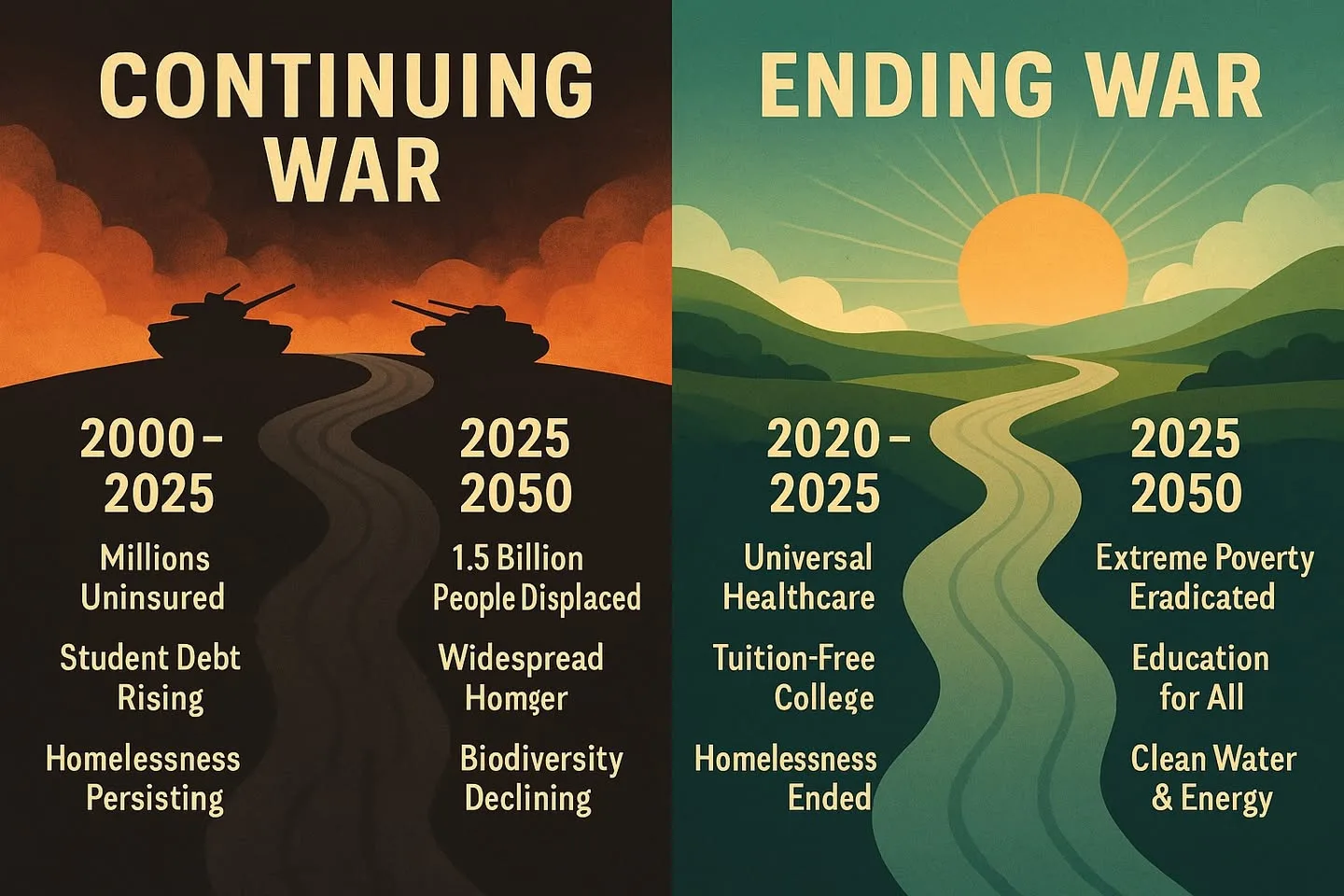 Split illustration. Left, "Continuing War": tanks on a dark hill under orange smoke, listing uninsured millions, student debt, homelessness, displacement, hunger and biodiversity loss. Right, "Ending War": a sunlit green valley listing universal healthcare, free college, ended homelessness and poverty, education, clean water and energy.