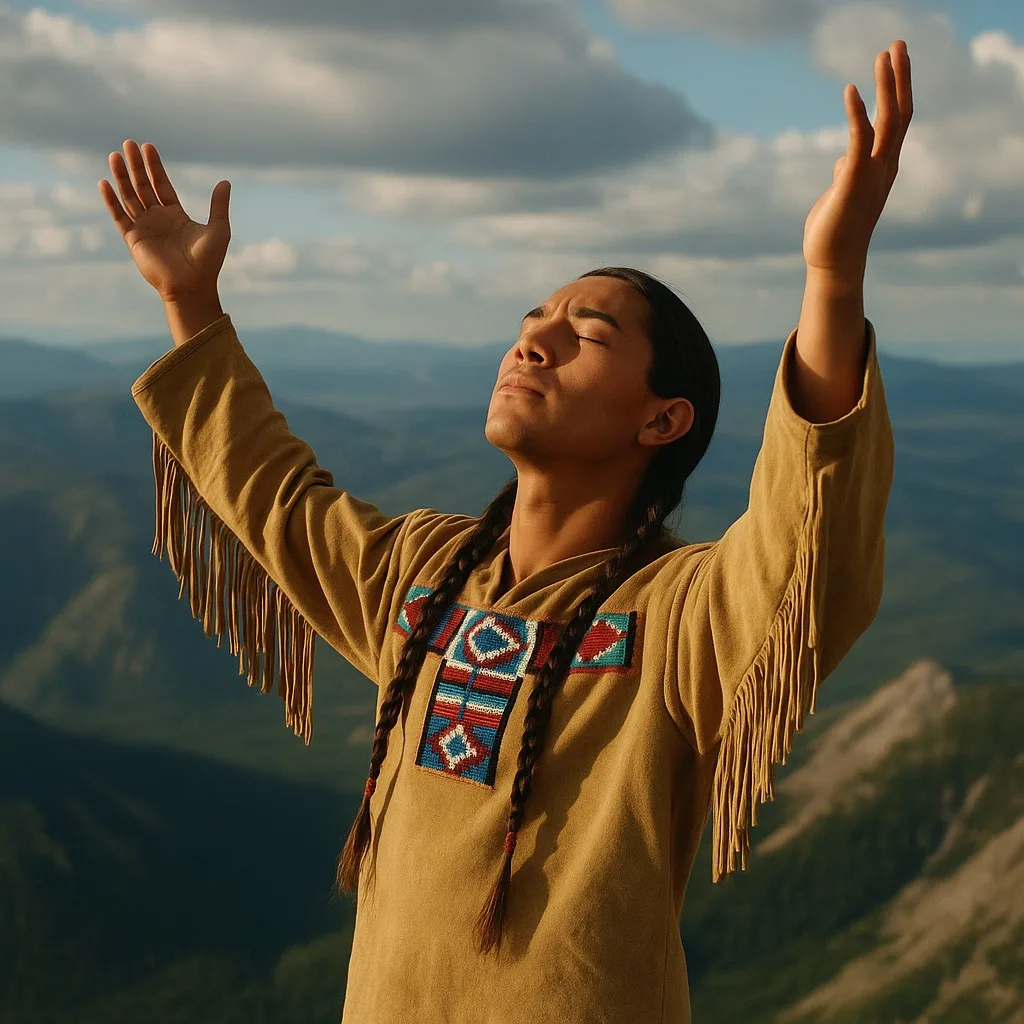 A young Indigenous man with long braids, wearing a fringed buckskin shirt with beaded designs, stands on a mountaintop with eyes closed and arms raised to a cloudy sky.