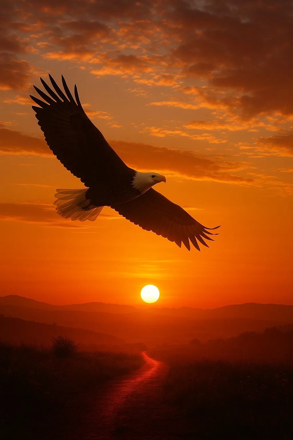 A bald eagle soars with outstretched wings across an orange sunset sky, above a glowing sun on the horizon and a winding path through dark hills.