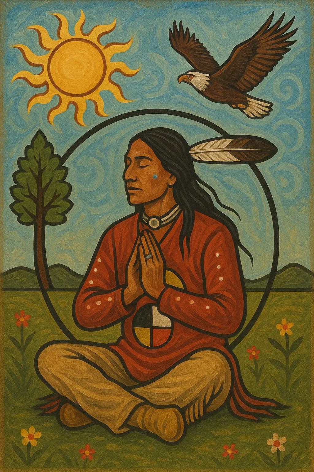 Painting of an Indigenous man with long black hair and an eagle feather, seated cross-legged in prayer within a circle, a medicine wheel on his red shirt, beneath a sun, a soaring eagle and a tree.