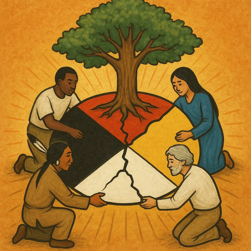 Illustration of four kneeling people of different races joining the cracked pieces of a black, red, yellow and white medicine wheel, with a large green tree rooted at its center.