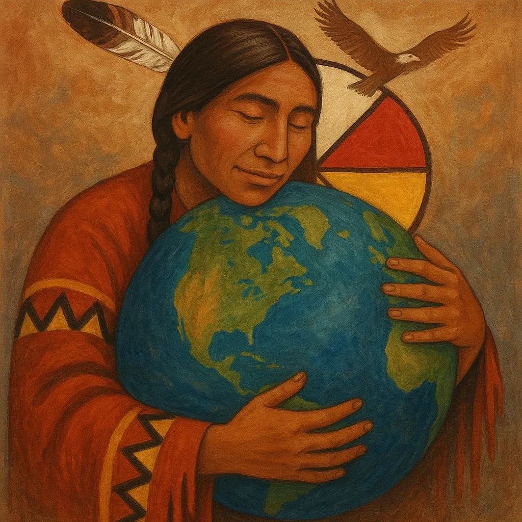 Painting of a Native man with long braids and an eagle feather, eyes closed, lovingly embracing the Earth, with a medicine wheel and soaring eagle behind him.