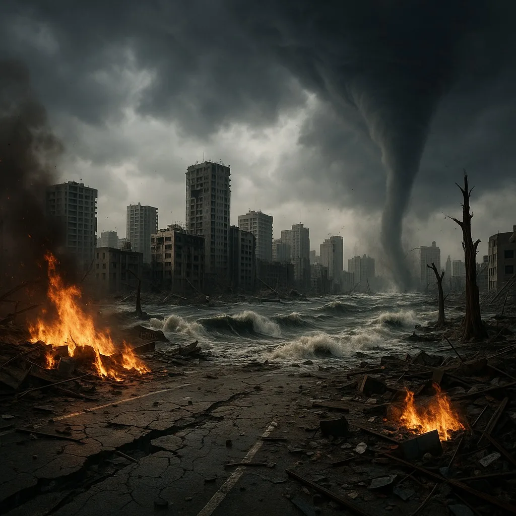 A devastated city under dark storm clouds, with a tornado touching down, turbulent floodwaters among ruined high-rises, fires burning in debris, cracked pavement and dead trees.